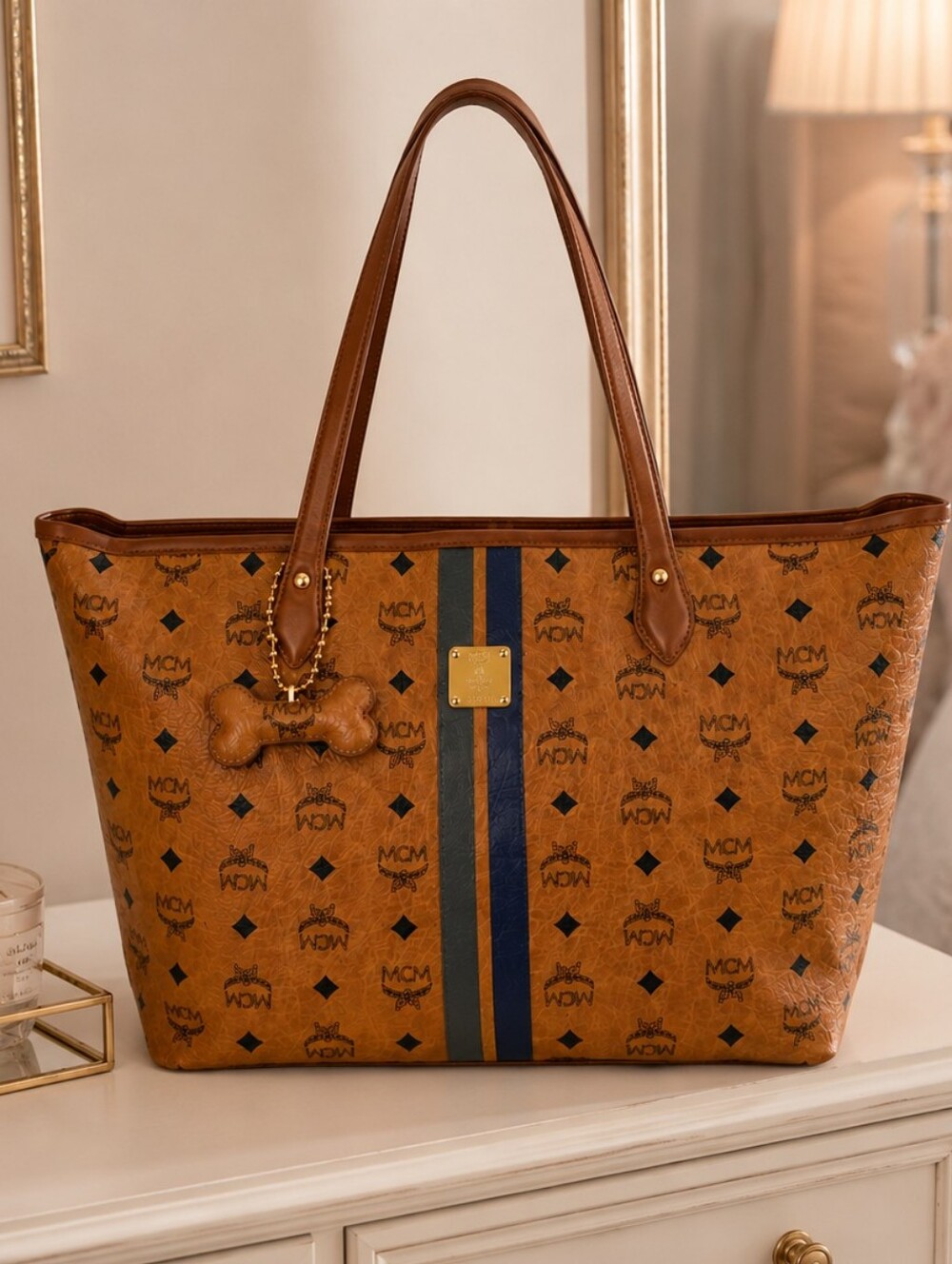 MCM Cognac Visetos Monogram Tote Bag Canvas Shoulder Bag Dog Bone Charm - Picture 4 of 13